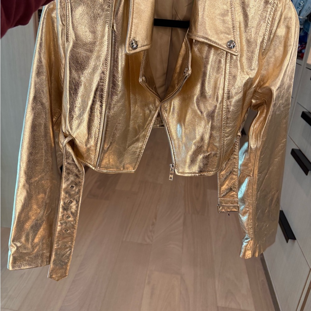 Real LEATHER gold cropped moto jacket - Picture 2 of 3